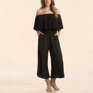Elan Off the Shoulder Cropped Black Jumpsuit